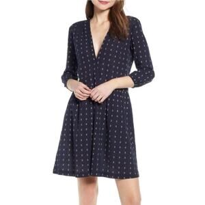 DAMSEL + THE ODELLS Navy Pattern Boho Plunge Neck Flowy A-Line Dress XS Classic